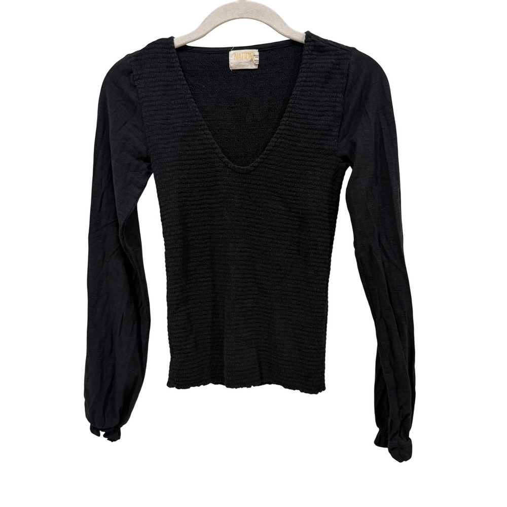 Nation LTD Black Smocked Pima Cotton V-Neck Long Sleeve Top XS 1293RS